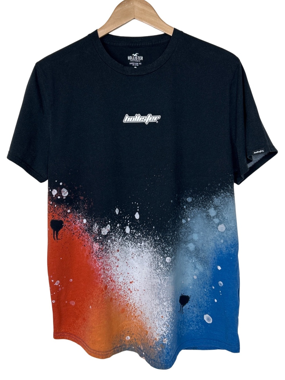 Hollister Curved Hem Crewneck 100% Cotton Tee Paint Splatter Design - XL - Black